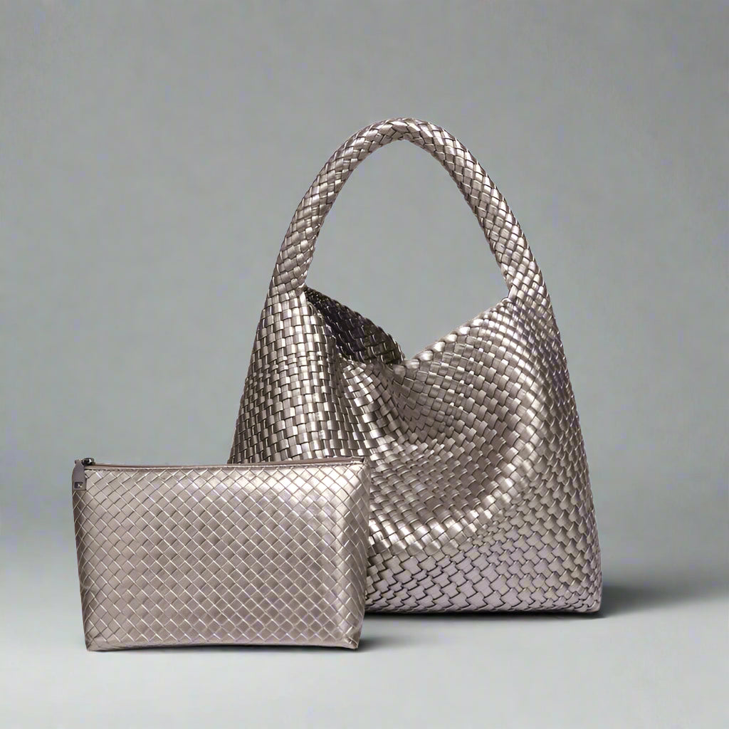 Handwoven recycled PU leather bag by Bennu
