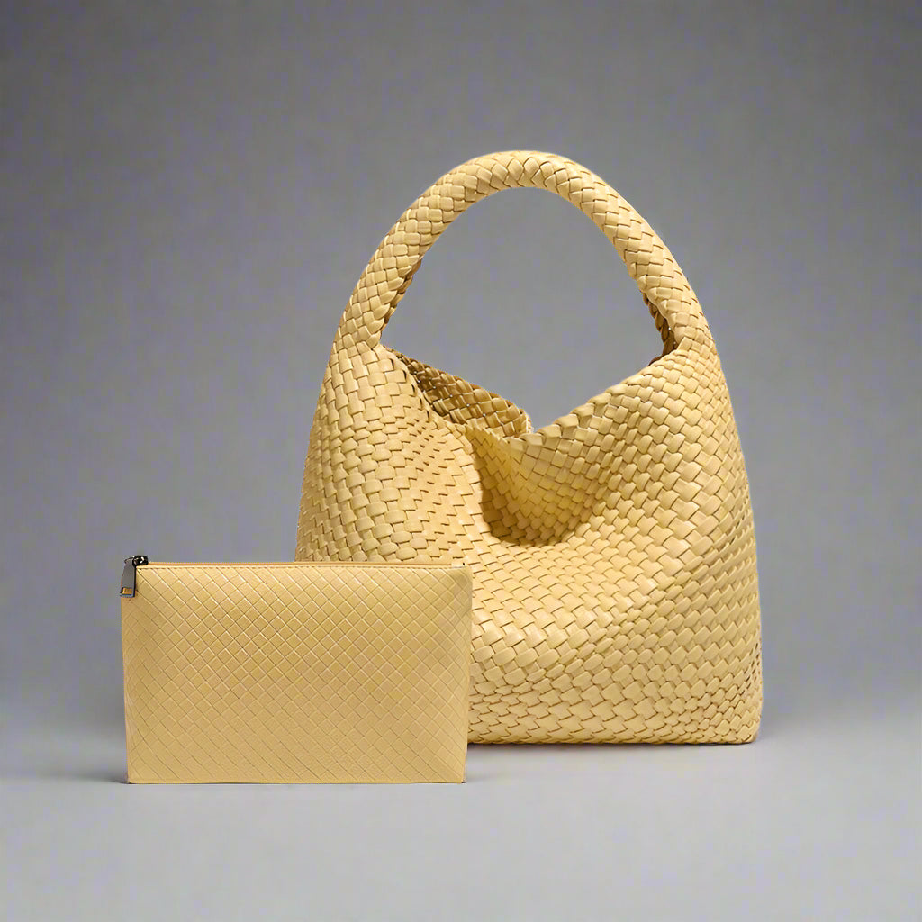 Handwoven recycled PU leather bag by Bennu